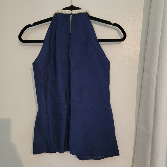 C Wonder Silk Cotton Navy Blue Sleeveless Blouse With Beaded Pearl Neckline - Picture 4 of 5